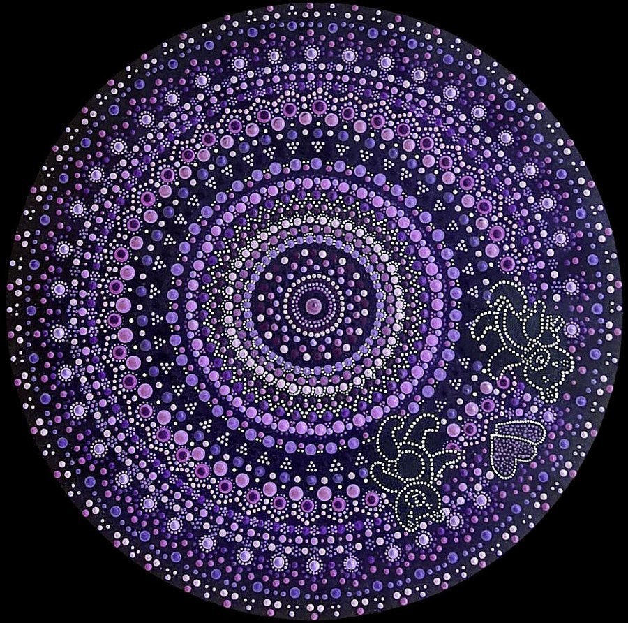 Nadine's cosmic purple dot mandala, hand-painted on canvas